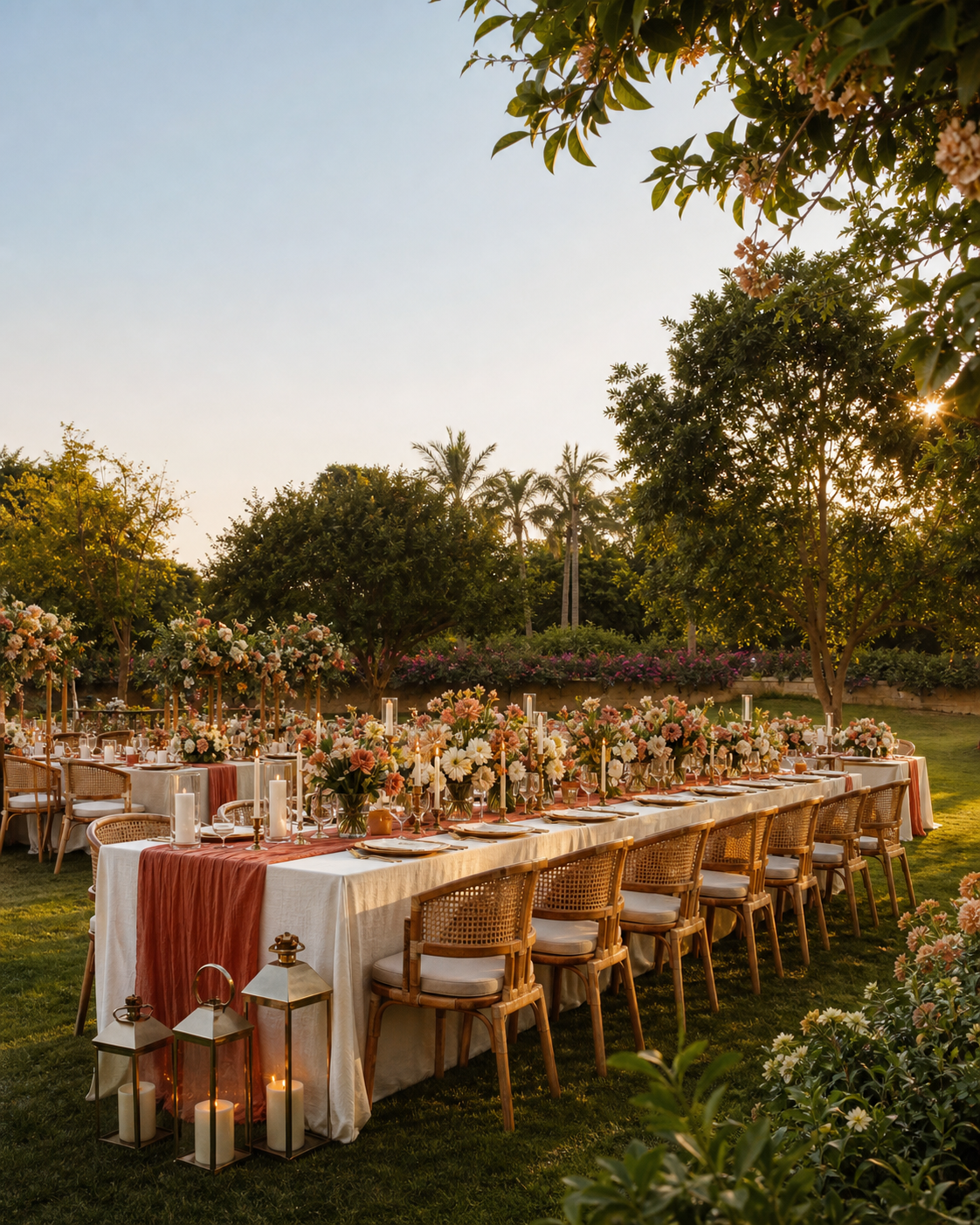An outdoor garden reception setup at Advaya Lawns with long dining tables and floral decor